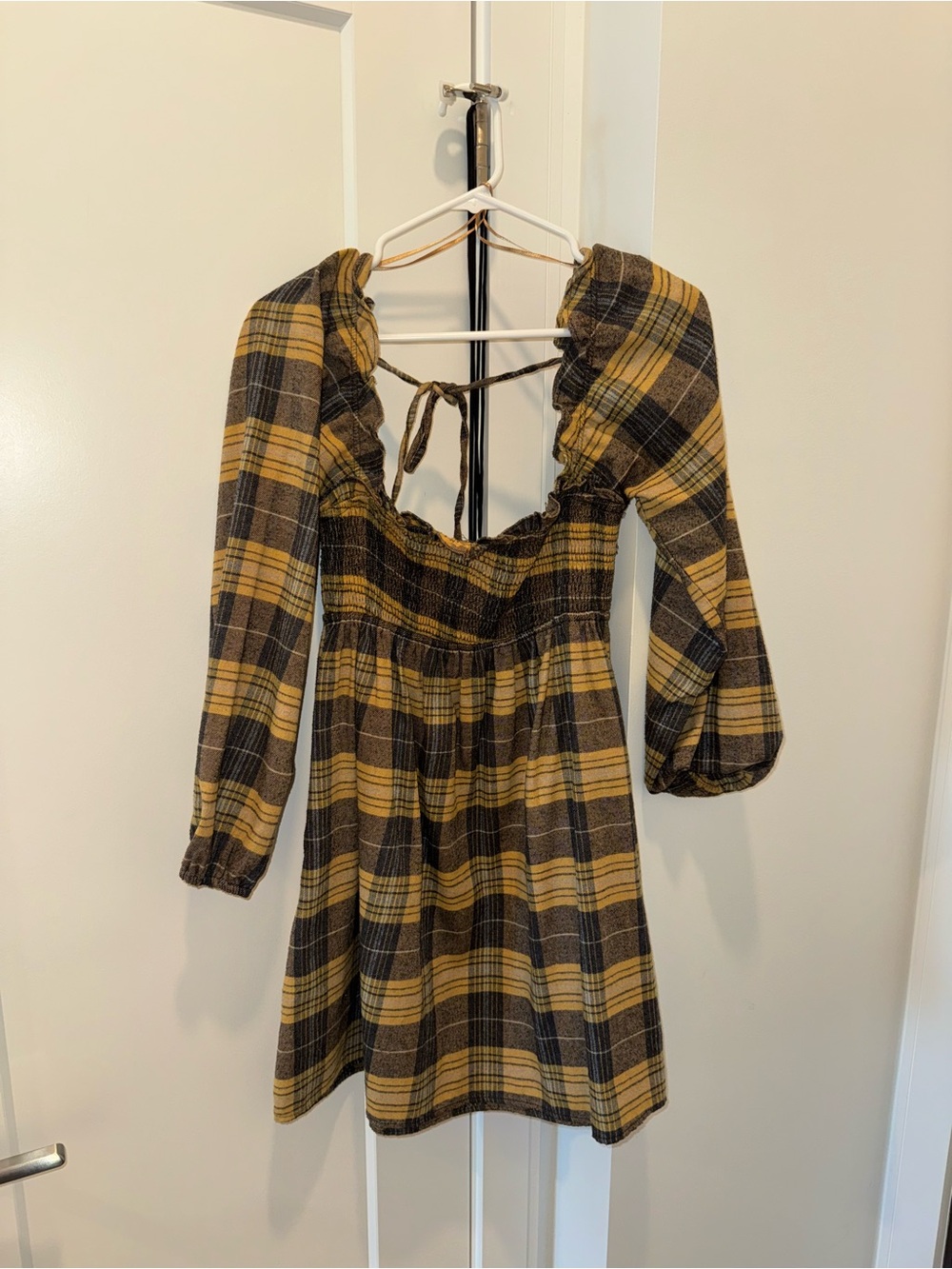 Plaid Smocked Mini Dress in Mustard and Black